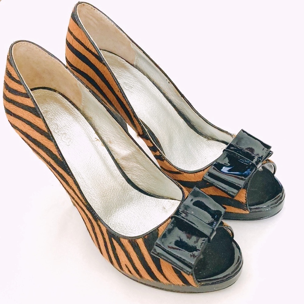 Genuine cowhide tiger print Pumps peep toe Heels - Picture 3 of 9